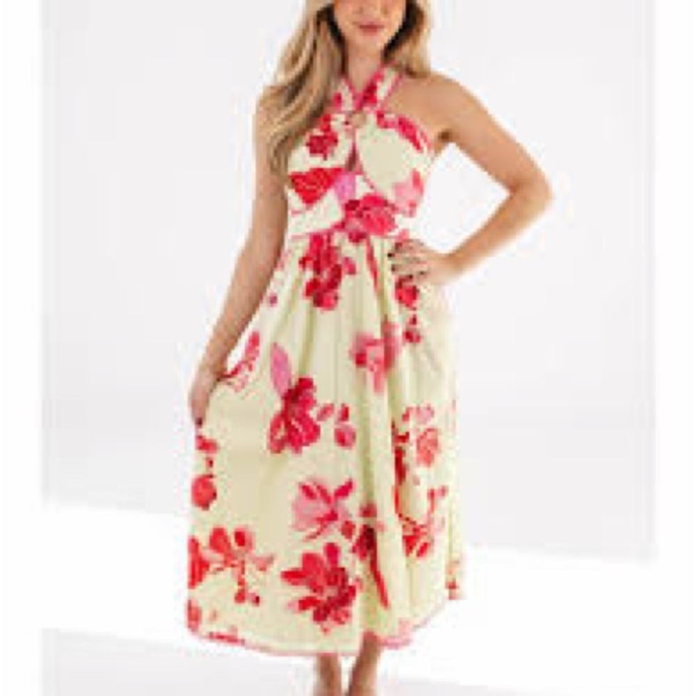 Elegant Floral Midi Dress in Pink and Cream